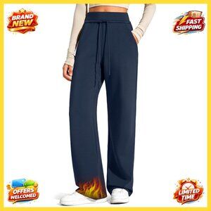 Fleece Lined Wide Leg Sweatpants Thermal Casual Lounge Pants with Pockets